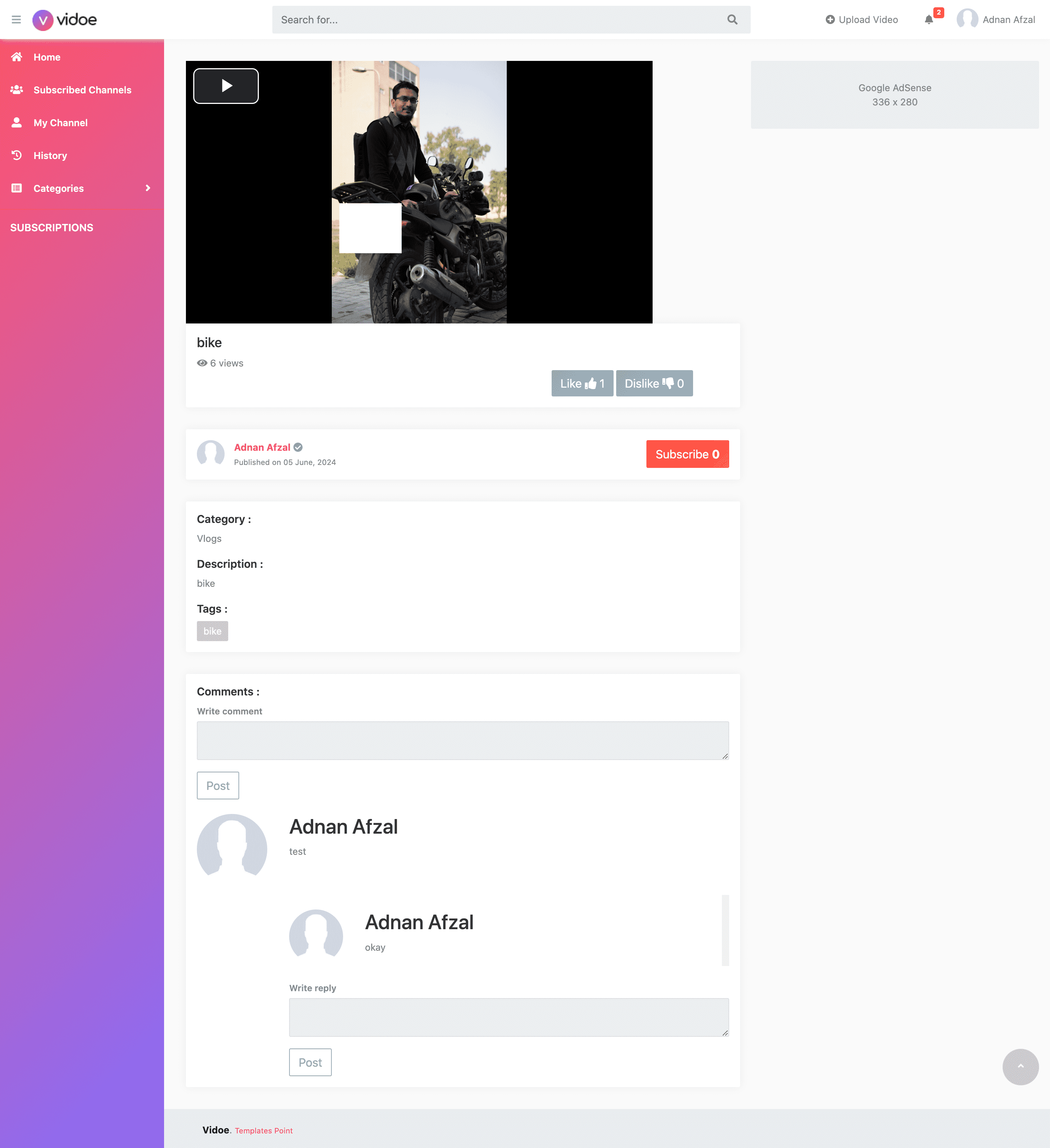Video detail page