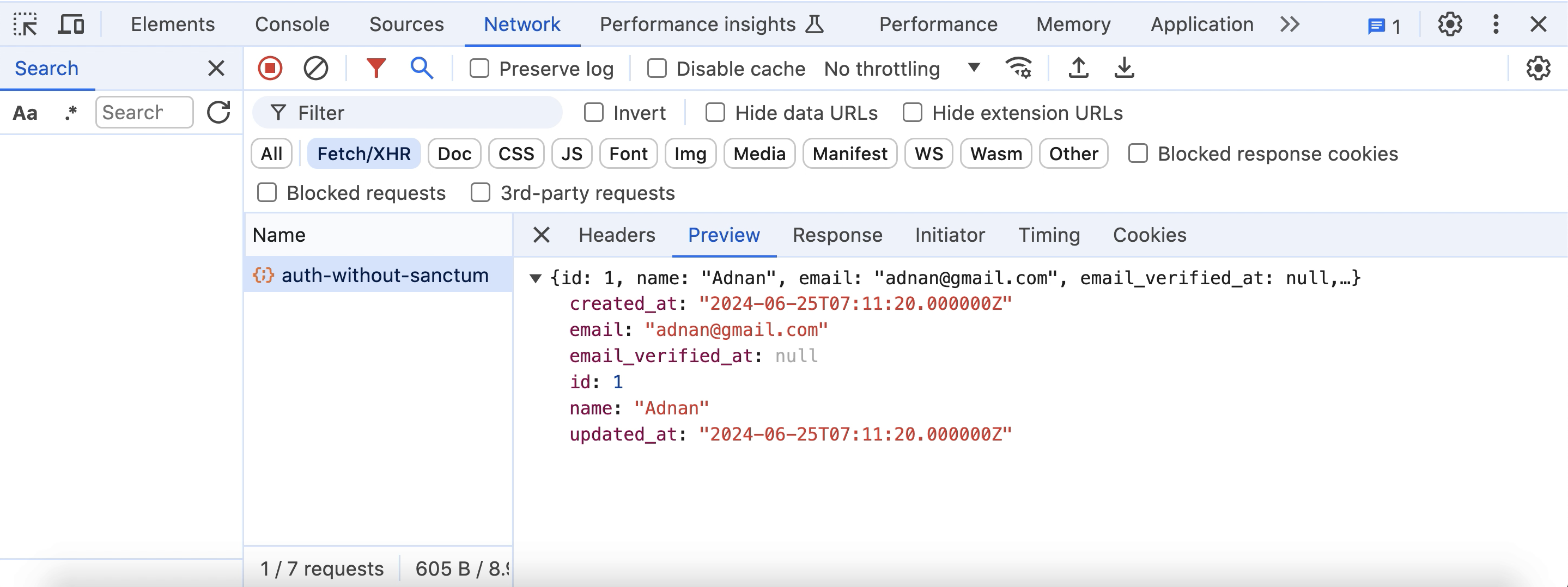 Chrome inspect element network - Laravel get authenticated user without using sanctum middleware